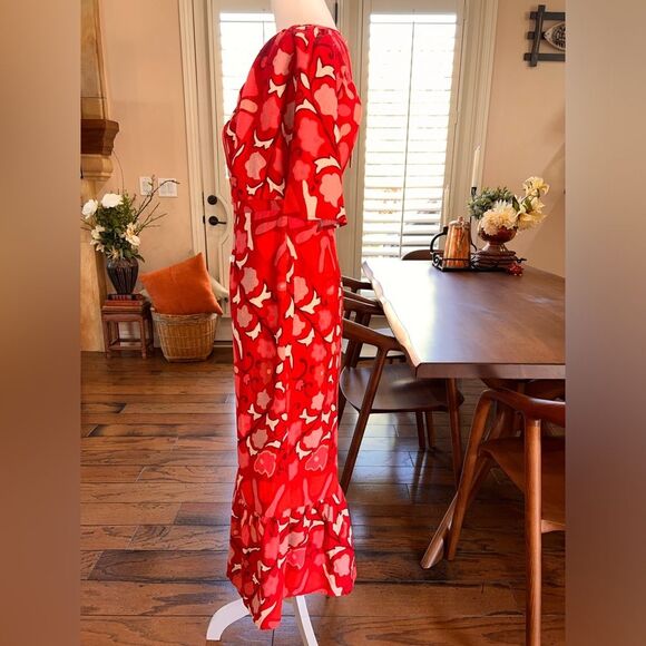 Rhode x Target Red Floral Linen Blend Midi Dress Ruffle Hem Short Sleeve 4 NWT - Picture 3 of 8